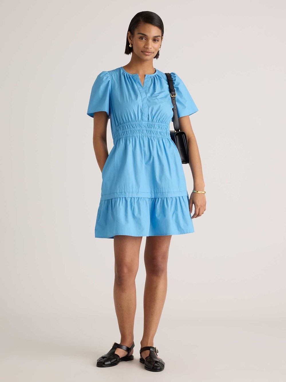 100% Organic Cotton Quince Sky Blue Short-Sleeve Smocked Waist Mini Dress